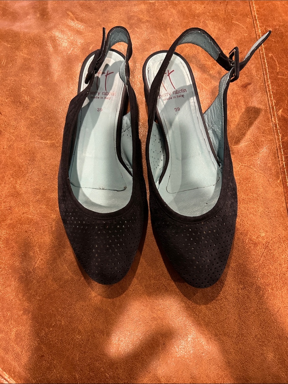 Thierry Rabotin Navy Perforated Suede Slingback Mules